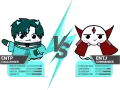 Ilustracja porównująca ENTP (Challenger) i ENTJ (Commander) z paskami cech. Wyniki ENTP testu pokazują wysokie wskaźniki innowacyjności i ciekawości.