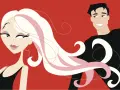 Ilustracja stylizowana: kobieta z blond włosami i mężczyzna z czarnymi włosami na czerwonym tle.