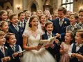 Radosna panna młoda i drużba czytają wierszyk dla młodej pary od dziecka. Dzieci w eleganckich strojach śmieją się i patrzą na księgę.
