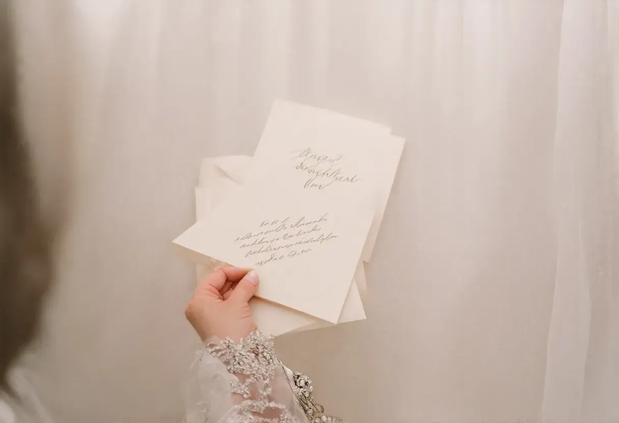 Dłoń w koronkowej sukni trzyma zaproszenia ślubne. Eleganckie zawiadomienia z kaligrafią to piękne zyczenia na slub.