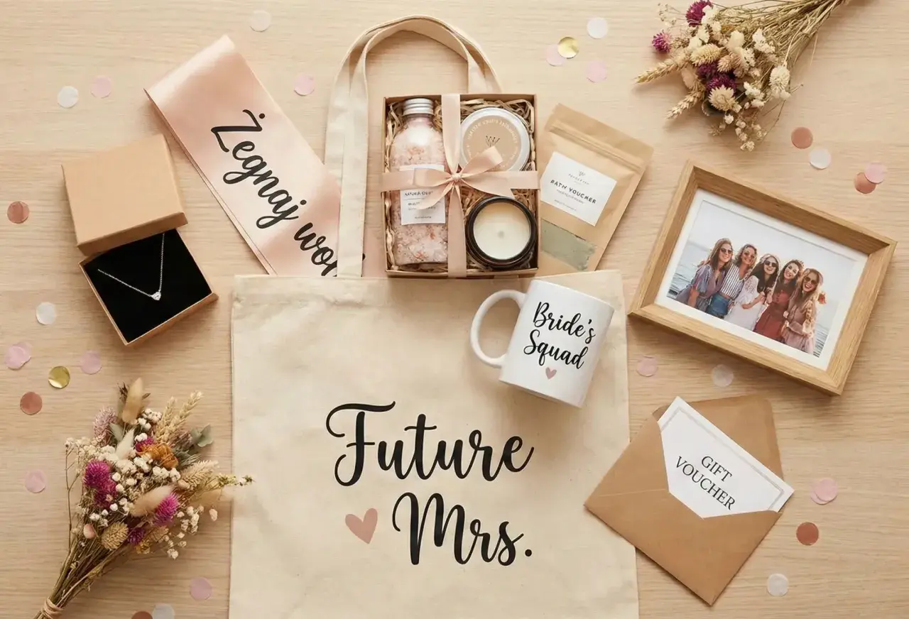 Idealny prezent na wieczór panieński DIY: torba z napisem "Future Mrs.", naszyjnik, kosmetyki, kubek "Bride's Squad", ramka ze zdjęciem i voucher.