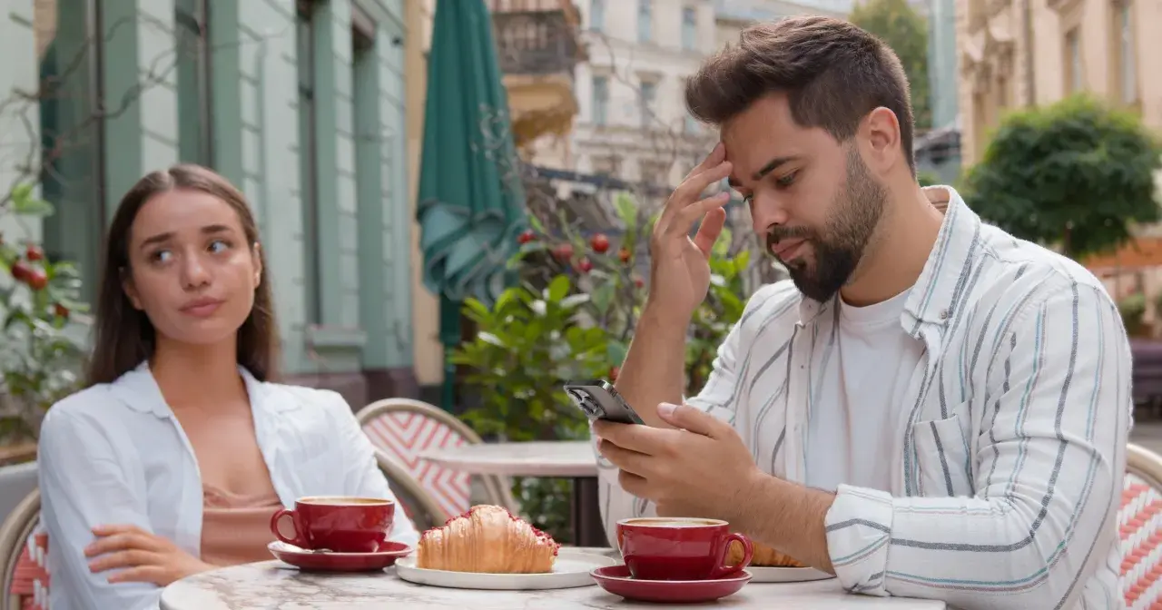 Para siedzi przy stoliku w kawiarni. Mężczyzna zamyślony patrzy w telefon, kobieta obok niego wygląda na znudzoną.