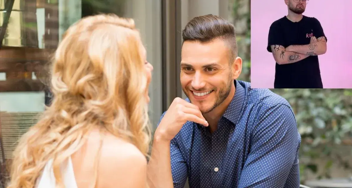 Mężczyzna z tatuażami, stosujący pua techniki, flirtuje z blondynką na randce. W tle inny mężczyzna.