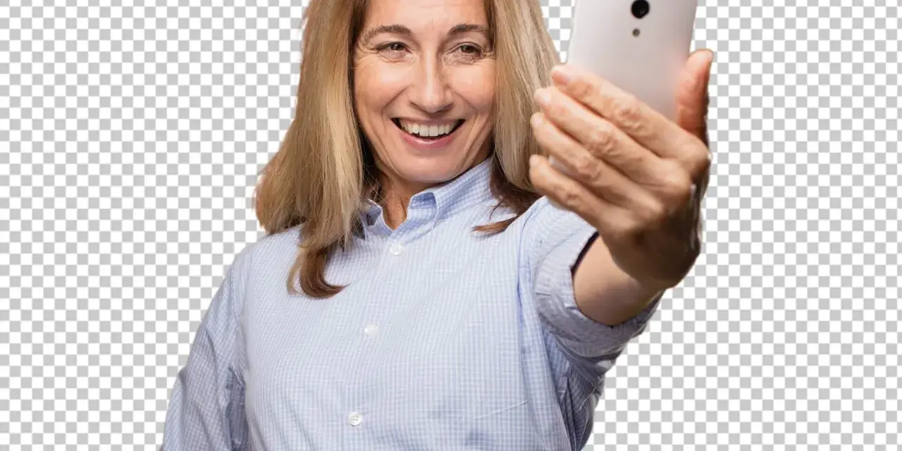 Uśmiechnięta kobieta robi selfie, prezentując swoje kreatywne przedstawienie siebie.