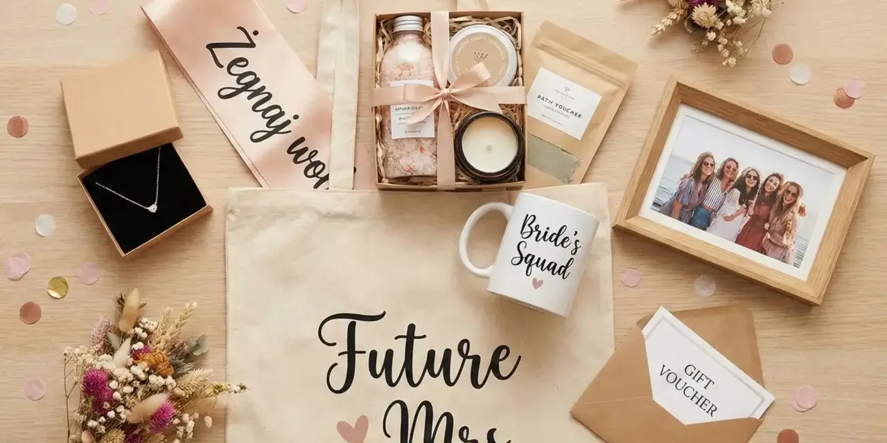 Idealny prezent na wieczór panieński DIY: torba z napisem "Future Mrs.", naszyjnik, kosmetyki, kubek "Bride's Squad", ramka ze zdjęciem i voucher.