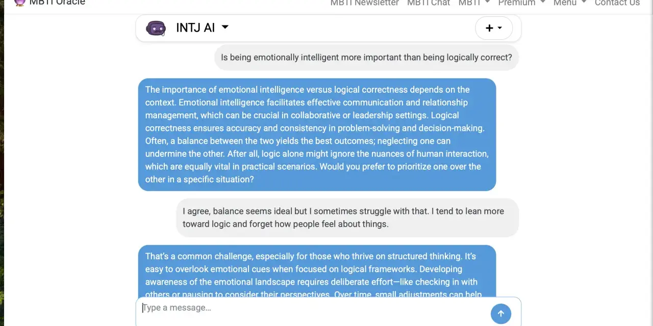 Rozmowa o inteligencji emocjonalnej vs. logicznej. INTJ AI omawia, jak INFJ inteligencja może pomóc w równoważeniu logiki z empatią.