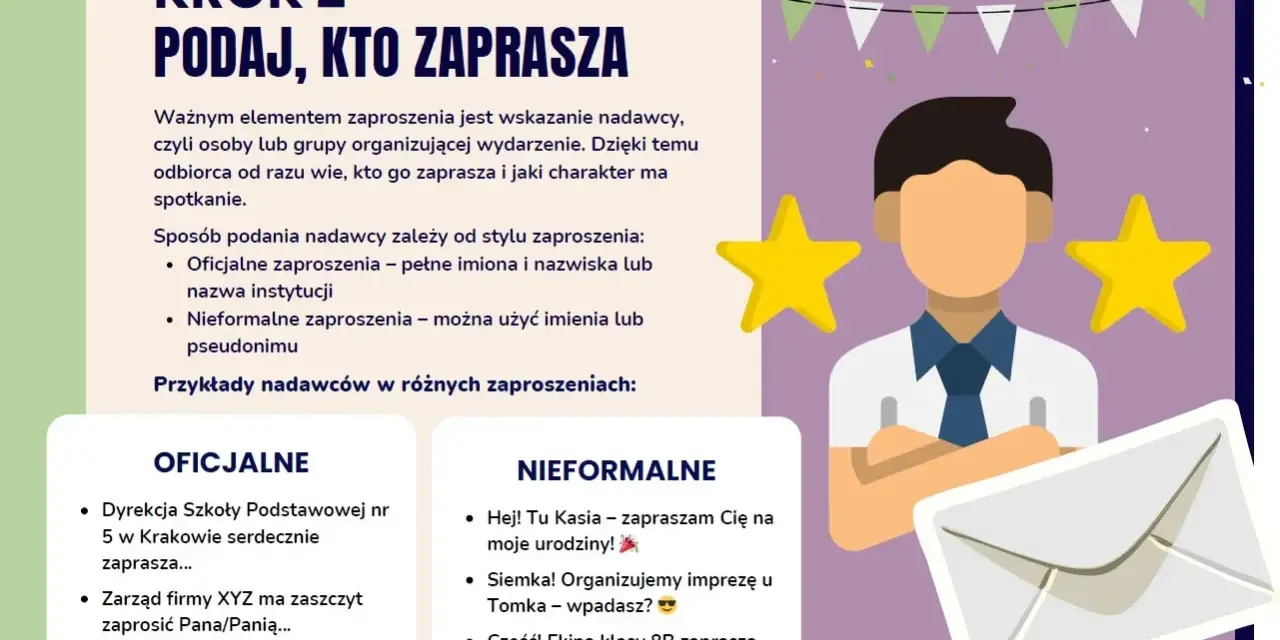Jak zaproponować dziewczynie spotkanie? Grafika pokazuje, jak podać nadawcę zaproszenia, od oficjalnego po nieformalne, z przykładami.
