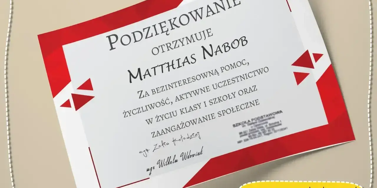 Podziękowania dla dzieci od rodziców dla Matthiasa Nabob za pomoc i zaangażowanie w życie szkoły.