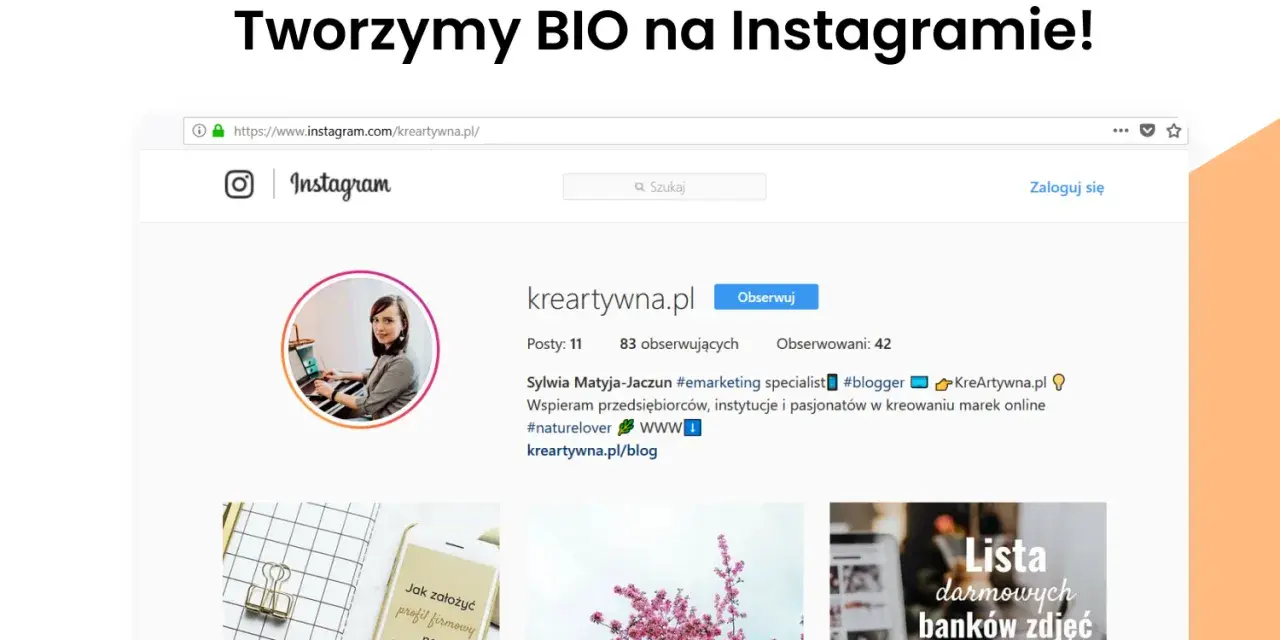 Fajny biogram na IG profilu @kreartywna.pl, gdzie Sylwia Matyja-Jaczun wspiera przedsiębiorców w kreowaniu marek online.