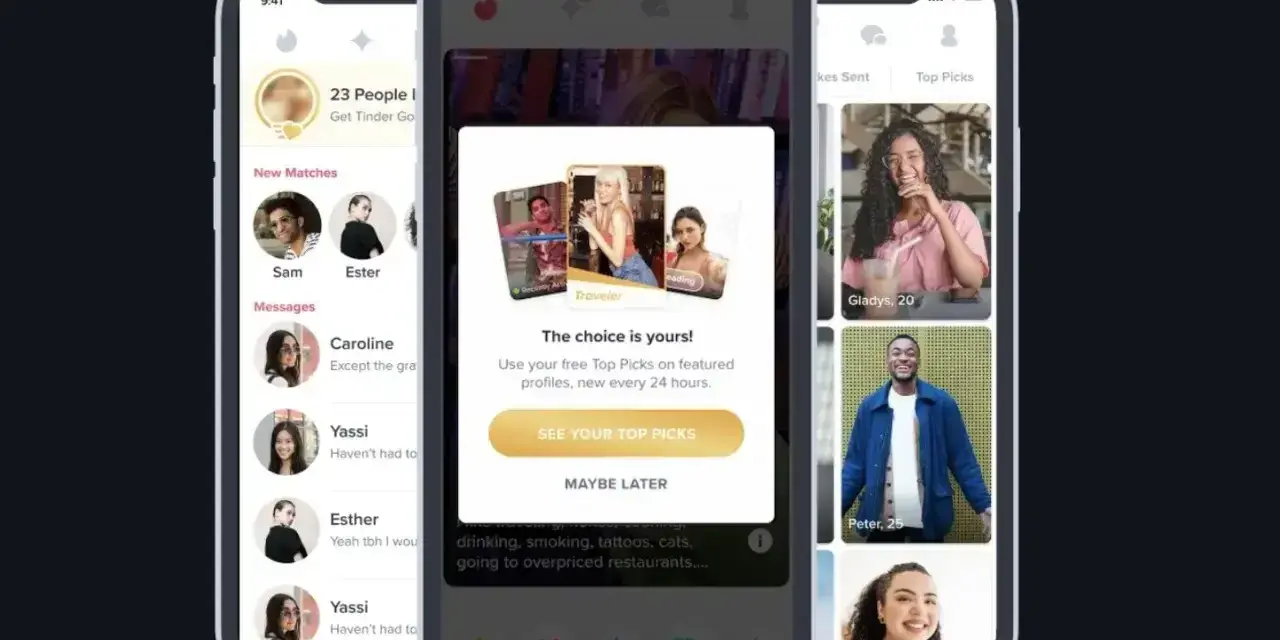 Na czym polega Tinder? Aplikacja randkowa pokazuje profile użytkowników, oferując "Top Picks" do przeglądania.