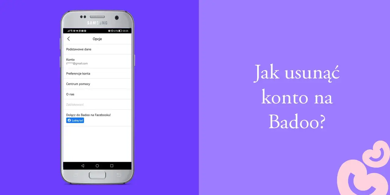 Ekran telefonu z opcjami konta Badoo. Tekst "Jak usunąć konto na Badoo?" sugeruje, że użytkownik szuka rozwiązania problemu, dlaczego nie może usunąć konta na Badoo.