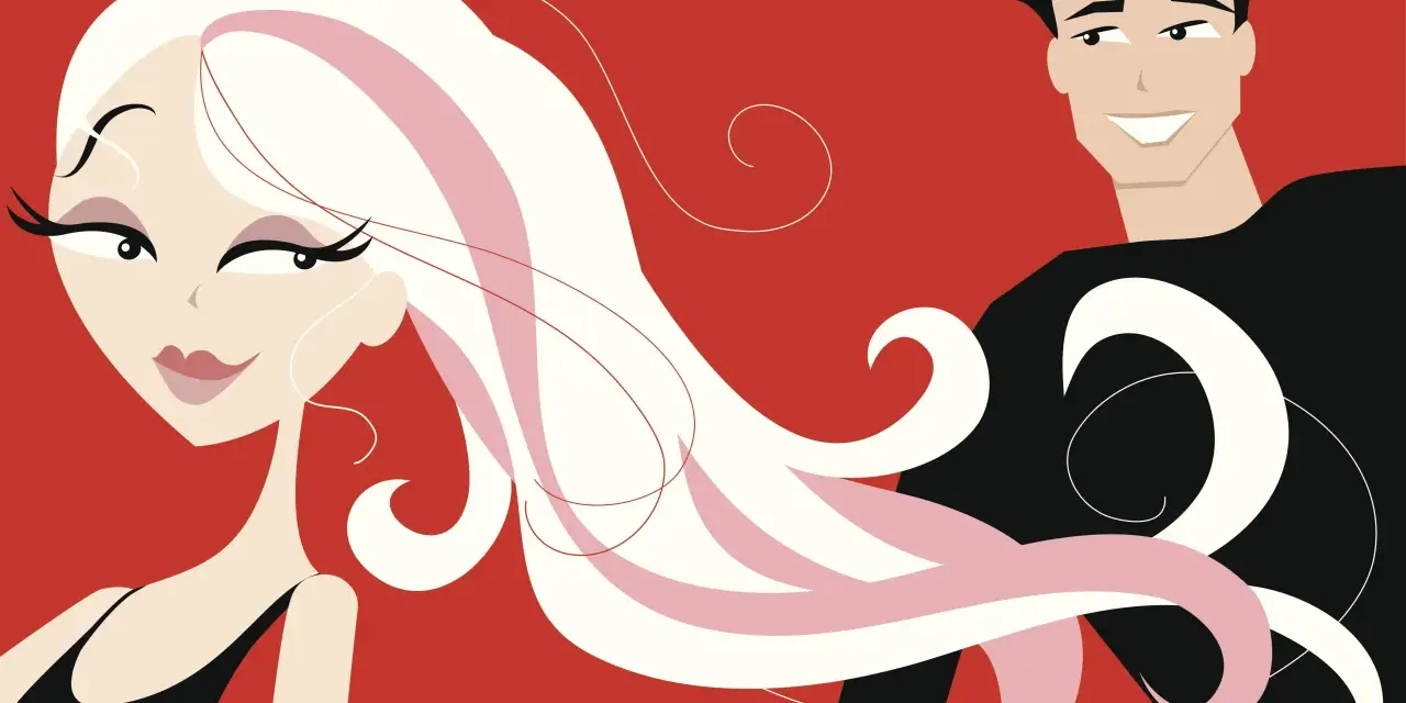 Ilustracja stylizowana: kobieta z blond włosami i mężczyzna z czarnymi włosami na czerwonym tle.