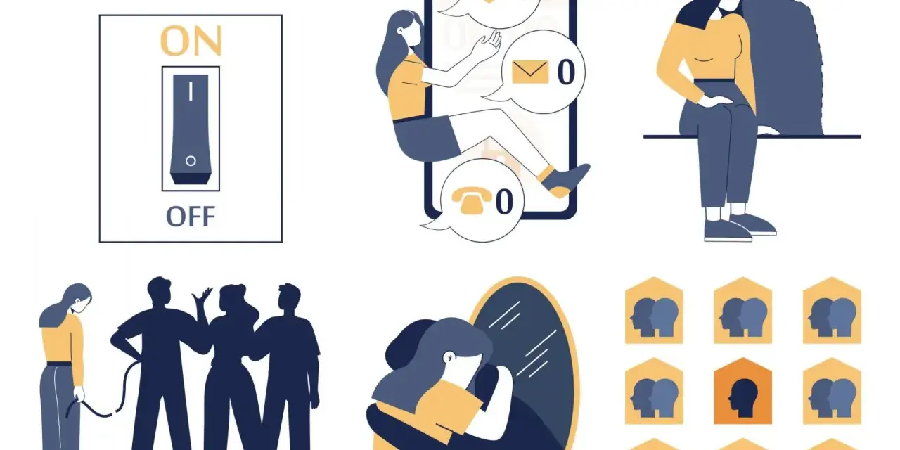 Ilustracja ukazuje różne rodzaje samotności: odczucie izolacji mimo otoczenia, brak kontaktu online, poczucie osamotnienia w związku i trudność w nawiązywaniu relacji.