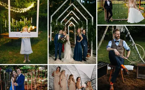 Uśmiechnięta dziewczynka z ramką "Best Wedding", para młoda, druhna i świadek, panna młoda z panem młodym, pan młody i jego drużyna, oraz pan młody w kamizelce. Wiele atrakcji na wesele.