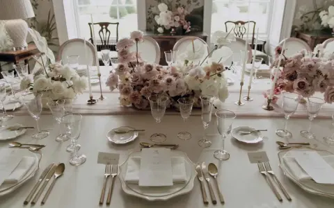 Eleganckie nakrycie stołu na wesele w stylu romantycznym. Delikatne kwiaty, złote sztućce i kryształowe kieliszki tworzą magiczną atmosferę.