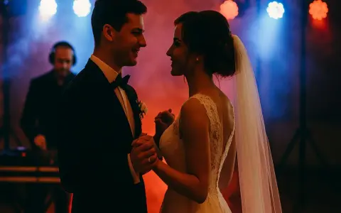 Para młoda tańczy przy dźwiękach wzruszających piosenek na wesele. W tle DJ w słuchawkach.