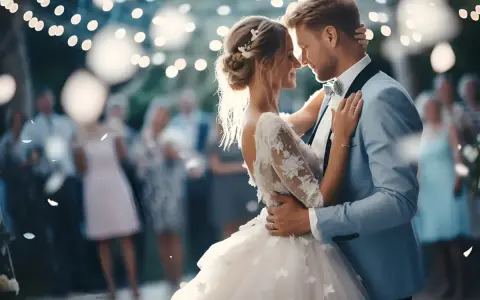 Para młoda tańczy przy blasku świateł, a w tle goście weselni. Idealna muzyka na wesele tworzy magiczną atmosferę.