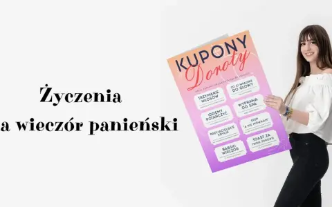 Wzruszające życzenia na wieczór panieński na plakatach z kuponami. Uśmiechnięta dziewczyna prezentuje kolorowe kupony.