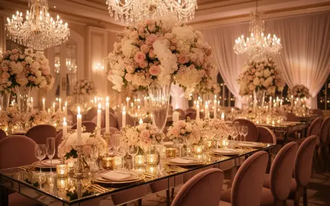 Eleganckie wesele glamour z kryształowymi żyrandolami, bukietami róż i świecami tworzącymi magiczną atmosferę.
