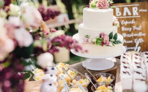 Elegancki tort weselny boho ozdobiony kwiatami, obok deserki i owoce.