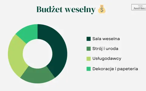 Wykres kołowy pokazuje, co potrzebne na wesele: salę, strój, usługi i dekoracje.
