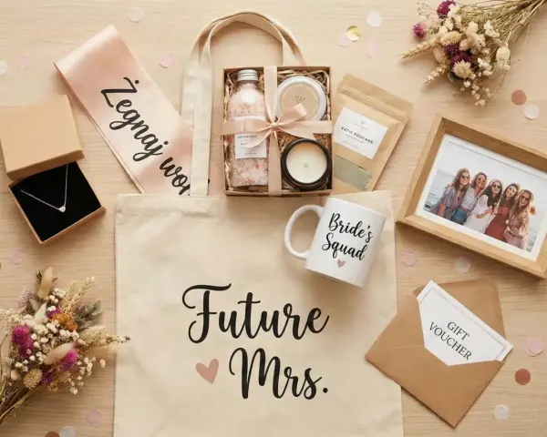 Idealny prezent na wieczór panieński DIY: torba z napisem "Future Mrs.", naszyjnik, kosmetyki, kubek "Bride's Squad", ramka ze zdjęciem i voucher.