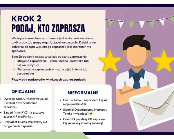 Jak zaproponować dziewczynie spotkanie? Grafika pokazuje, jak podać nadawcę zaproszenia, od oficjalnego po nieformalne, z przykładami.