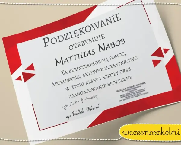 Podziękowania dla dzieci od rodziców dla Matthiasa Nabob za pomoc i zaangażowanie w życie szkoły.