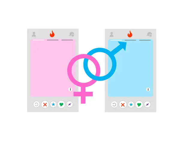 Dwa profile Tindera, różowy i niebieski, z symbolami płci połączonymi. Zastanawiasz się, tinder ile lajków dziennie?
