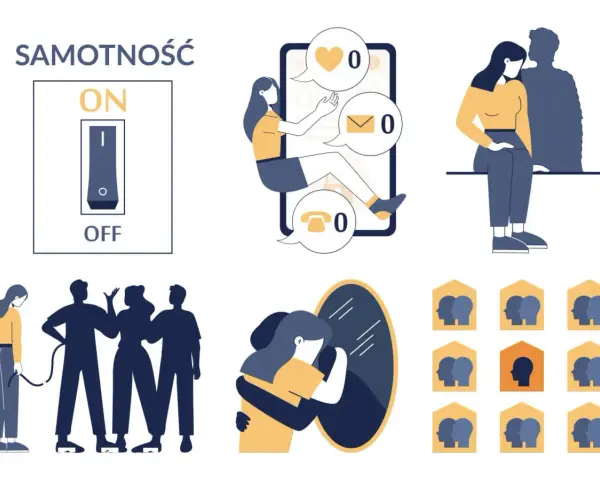 Ilustracja ukazuje różne rodzaje samotności: odczucie izolacji mimo otoczenia, brak kontaktu online, poczucie osamotnienia w związku i trudność w nawiązywaniu relacji.