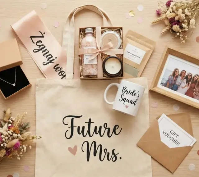Idealny prezent na wieczór panieński DIY: torba z napisem "Future Mrs.", naszyjnik, kosmetyki, kubek "Bride's Squad", ramka ze zdjęciem i voucher.