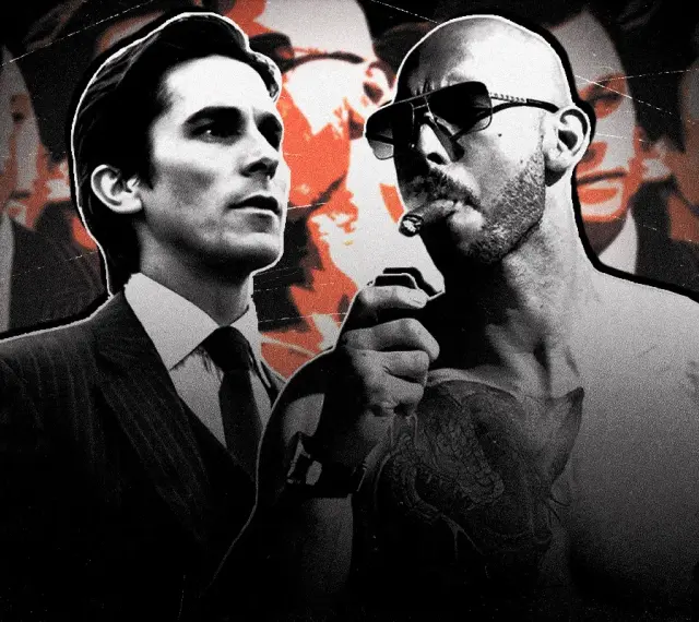 Dwóch mężczyzn, jeden w garniturze, drugi z cygarem i tatuażami, symbolizuje archetyp "sigma".