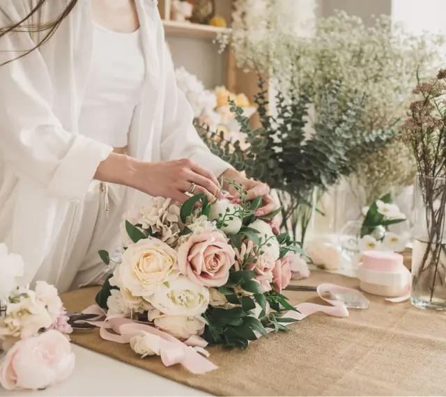 Dłonie florystki tworzą piękny, pastelowy bukiet ślubny. W tle widać inne kwiaty i akcesoria.