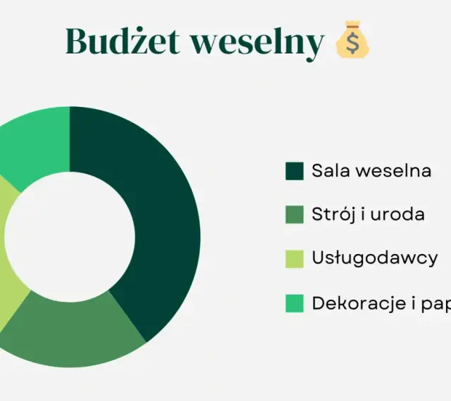 Wykres kołowy pokazuje, co potrzebne na wesele: salę, strój, usługi i dekoracje.
