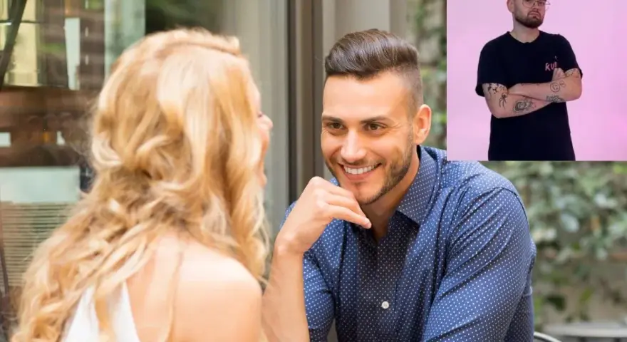 Mężczyzna z tatuażami, stosujący pua techniki, flirtuje z blondynką na randce. W tle inny mężczyzna.
