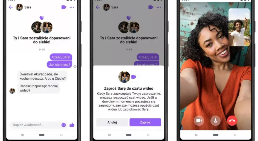 Ekran telefonu pokazuje rozmowę na FB, gdzie użytkownicy mogą rozpocząć randki wideo.
