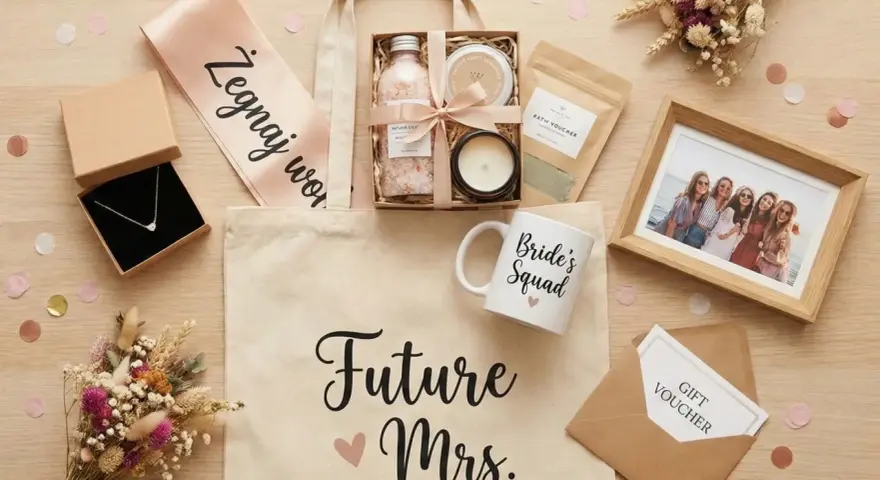 Idealny prezent na wieczór panieński DIY: torba z napisem "Future Mrs.", naszyjnik, kosmetyki, kubek "Bride's Squad", ramka ze zdjęciem i voucher.