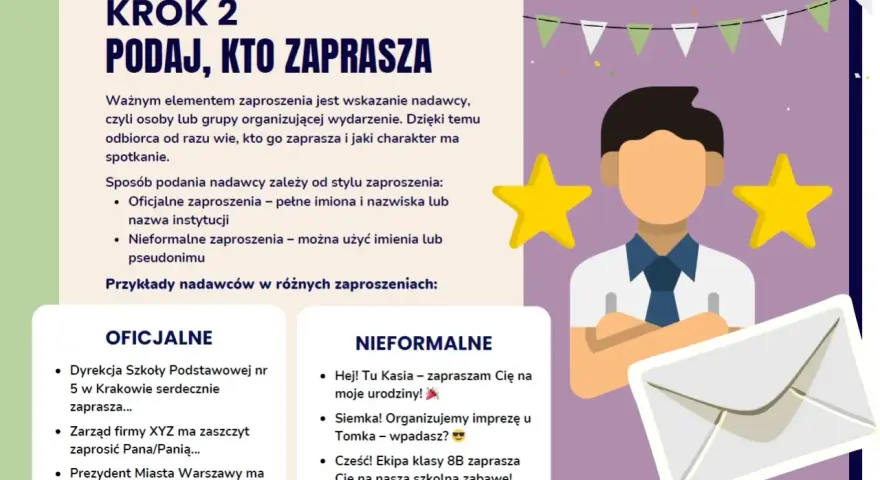 Jak zaproponować dziewczynie spotkanie? Grafika pokazuje, jak podać nadawcę zaproszenia, od oficjalnego po nieformalne, z przykładami.