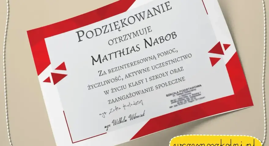 Podziękowania dla dzieci od rodziców dla Matthiasa Nabob za pomoc i zaangażowanie w życie szkoły.