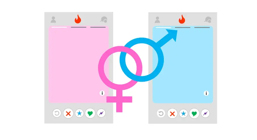 Dwa profile Tindera, różowy i niebieski, z symbolami płci połączonymi. Zastanawiasz się, tinder ile lajków dziennie?