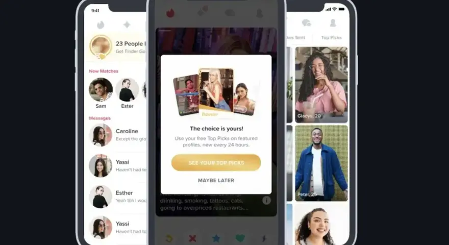 Na czym polega Tinder? Aplikacja randkowa pokazuje profile użytkowników, oferując "Top Picks" do przeglądania.