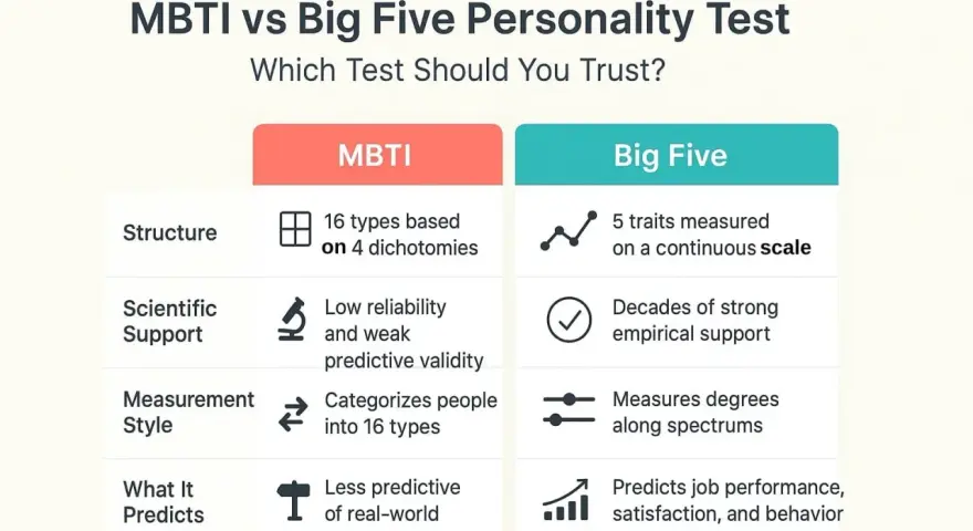 Porównanie MBTI i Big Five: MBTI ma 16 typów osobowości skróty, Big Five mierzy 5 cech. MBTI ma słabe wsparcie naukowe.