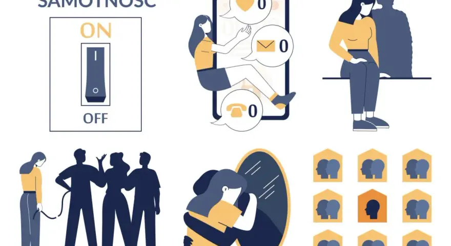 Ilustracja ukazuje różne rodzaje samotności: odczucie izolacji mimo otoczenia, brak kontaktu online, poczucie osamotnienia w związku i trudność w nawiązywaniu relacji.