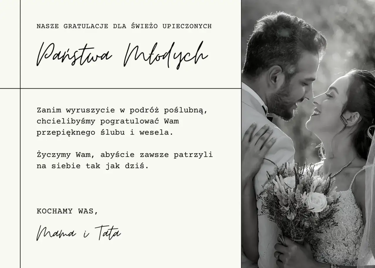 Piękna para młoda w czerni i bieli, z tekstem 