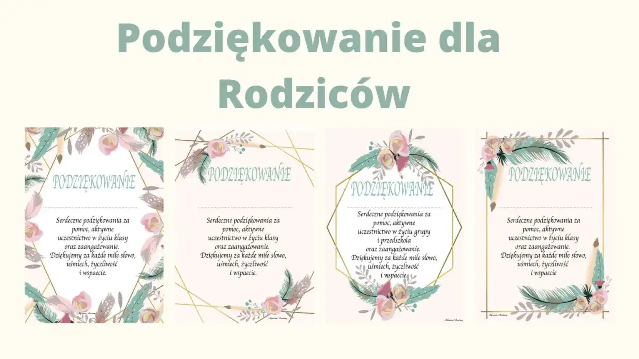 Urocze kartki z podziękowaniami dla rodziców od dzieci, ozdobione piórkami i kwiatami.