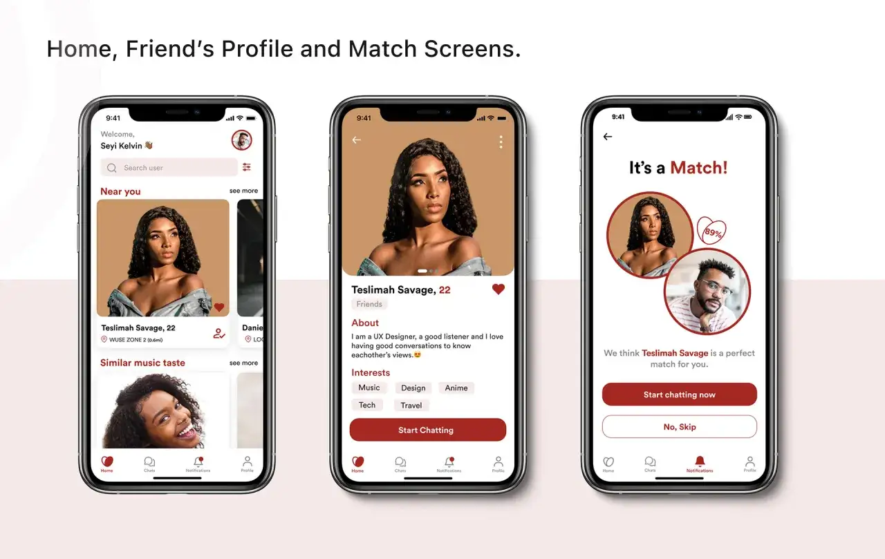 Ekran główny, profil znajomego i ekran dopasowania w aplikacji bumble. Widok dopasowania z Teslimah Savage.