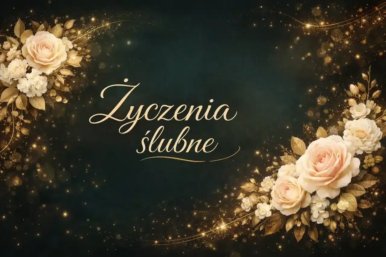 Eleganckie życzenia na ślub dla przyjaciół, ozdobione kremowymi różami i złotymi listkami, w otoczeniu migoczących iskier.