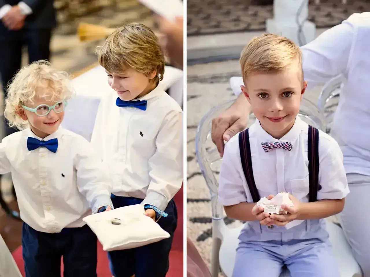 Dwóch chłopców w eleganckich strojach, jeden z nich niesie obrączki na poduszce.