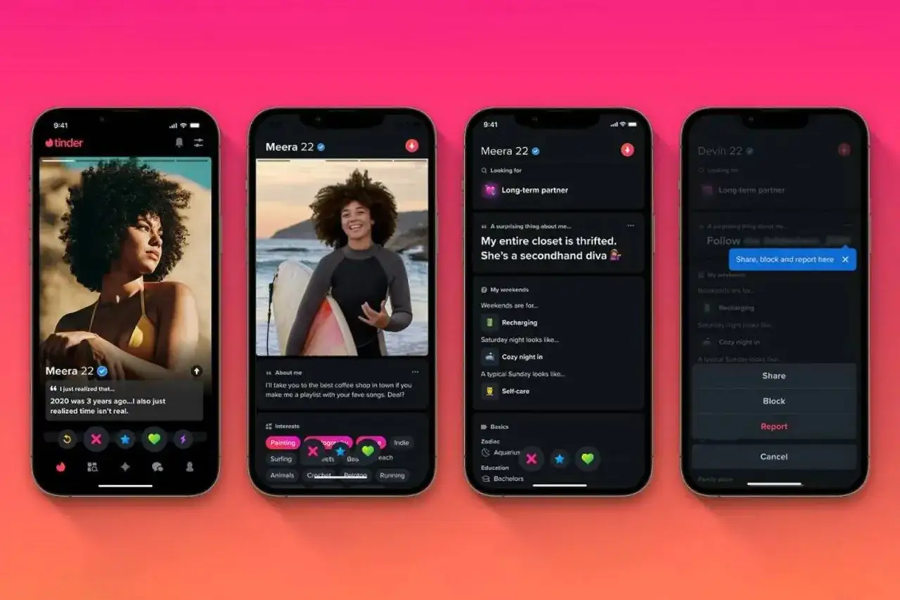 Cztery ekrany aplikacji Tinder pokazują profile użytkowników i powiadomienia.