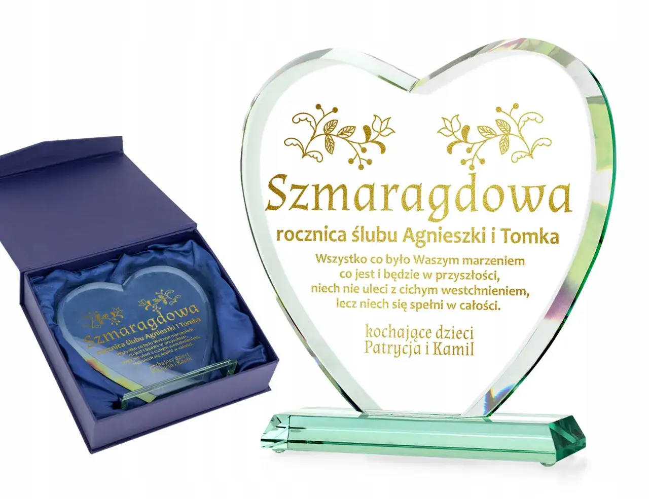 Szmaragdowa rocznica ślubu Agnieszki i Tomka. Kryształowe serce z dedykacją od dzieci, Patrycji i Kamila, w ozdobnym pudełku.